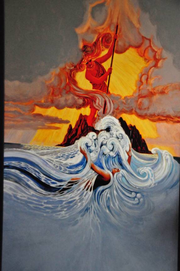 A contínua batalha entre as deusas dos vulcões e do mar, em pintura no museu do Volcanoes National Park, em Volcano, na Big Island, no Havaí